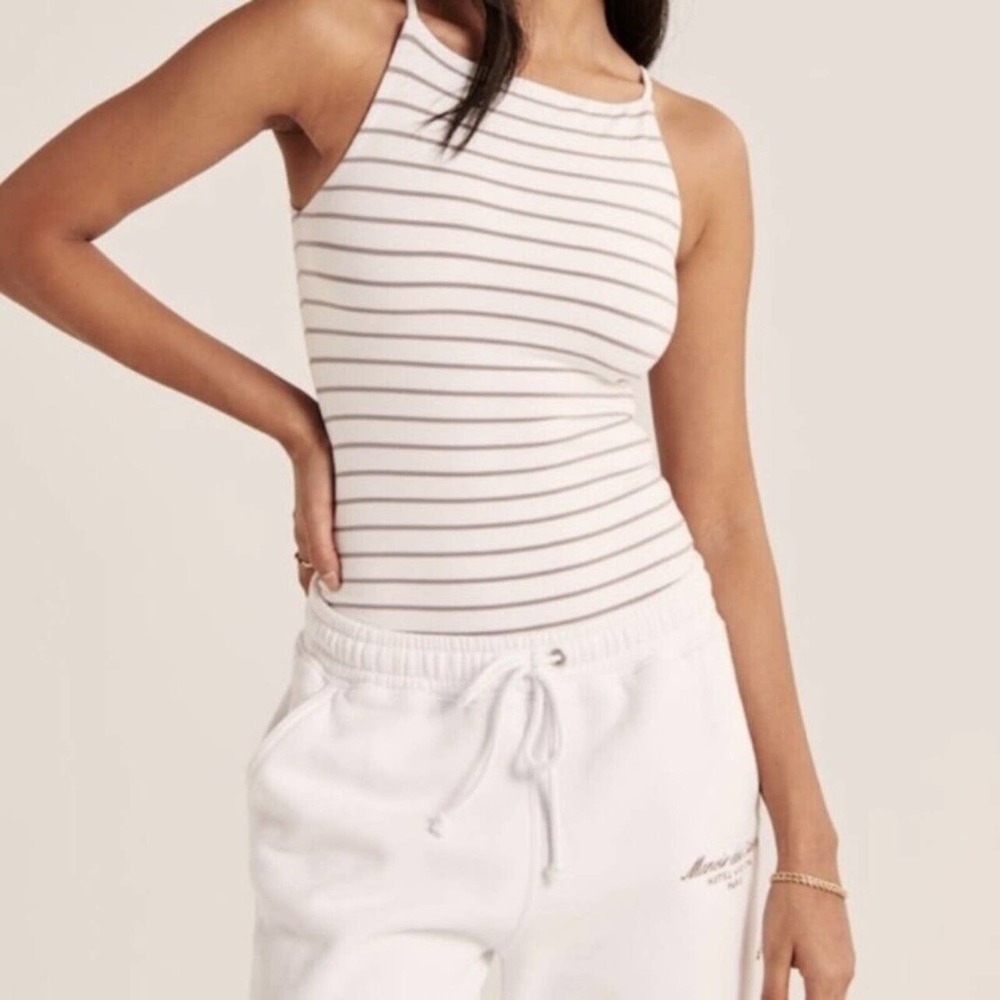 Abercrombie & Fitch White and Brown Striped Bodysuit sz XL